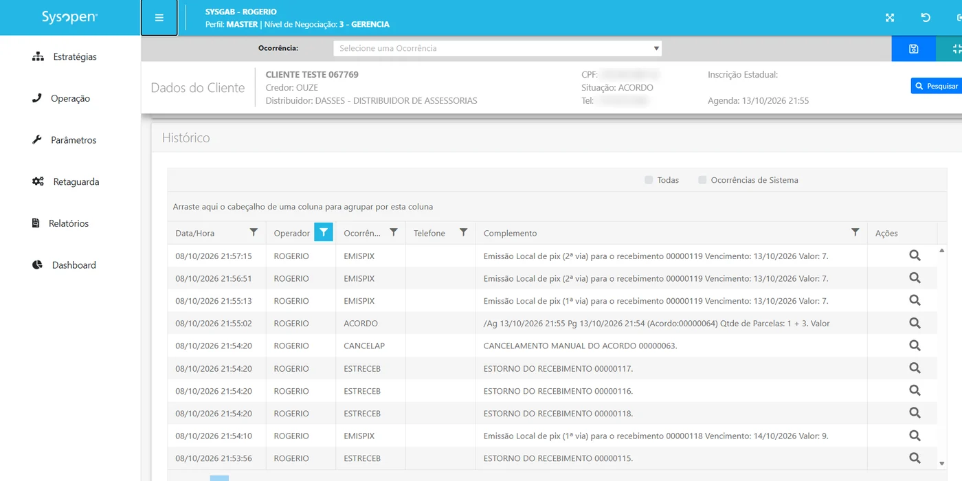 Tela de histórico de ocorrências de um cliente, com data, operador e complemento