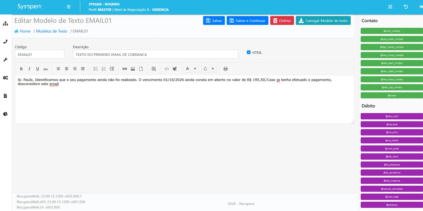 Editor de modelo de texto de e-mail de cobrança com variáveis de contato e débito